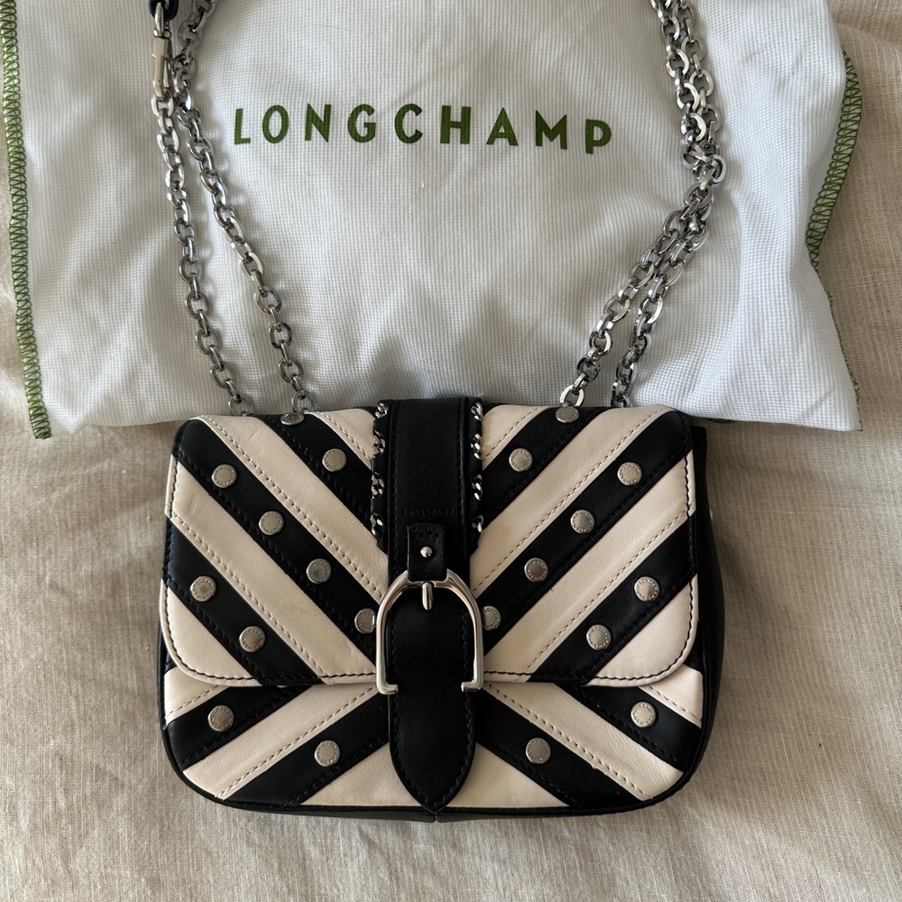 Longchamp Black & White Studded Leather Bag with Silver Chain Accent Strap